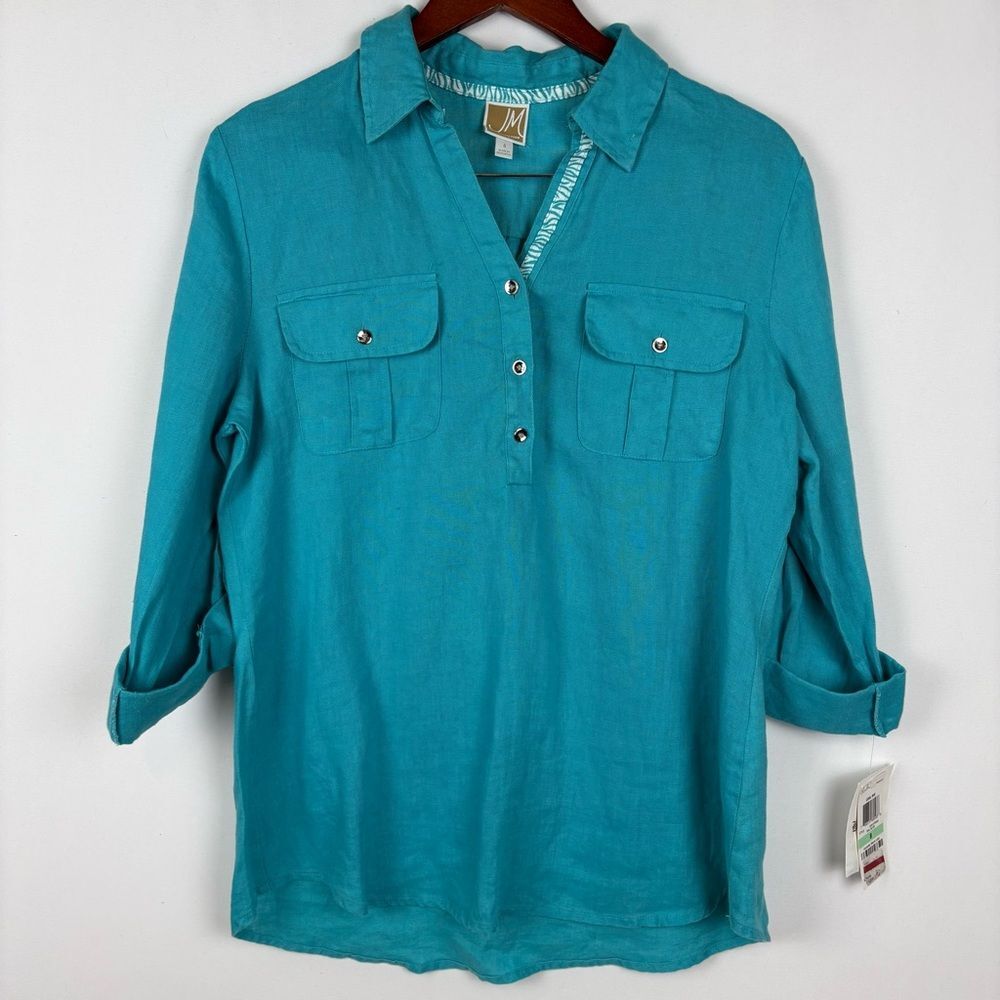 NWT JM Collection Linen‎ Collared Three Quarter Length Sleeve Blouse